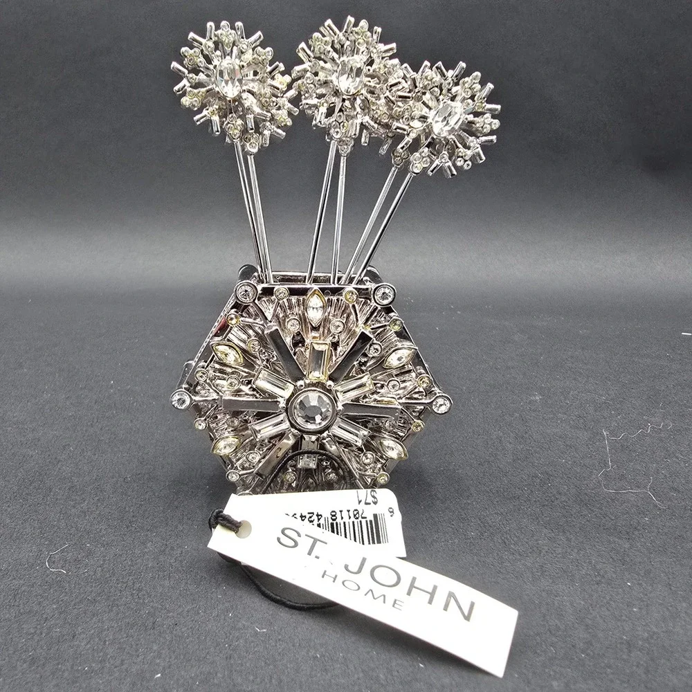 St. John Home Crystal Snowflake Cocktail Pick Set with Holder Silver Tone New